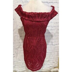 Luxxel brand red off-the-shoulder midi dress made of a textured lace Medium